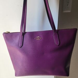 Coach Purple Leather Zip-Top Tote with Gold Logo
